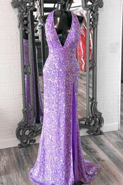 Fully Sequins Low V-Neck Halter Open Back Prom Dress