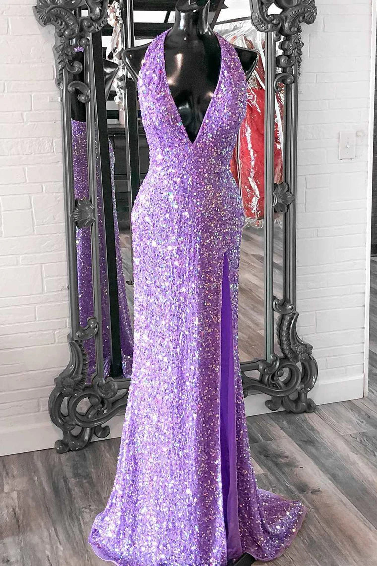 Fully Sequins Low V-Neck Halter Open Back Prom Dress