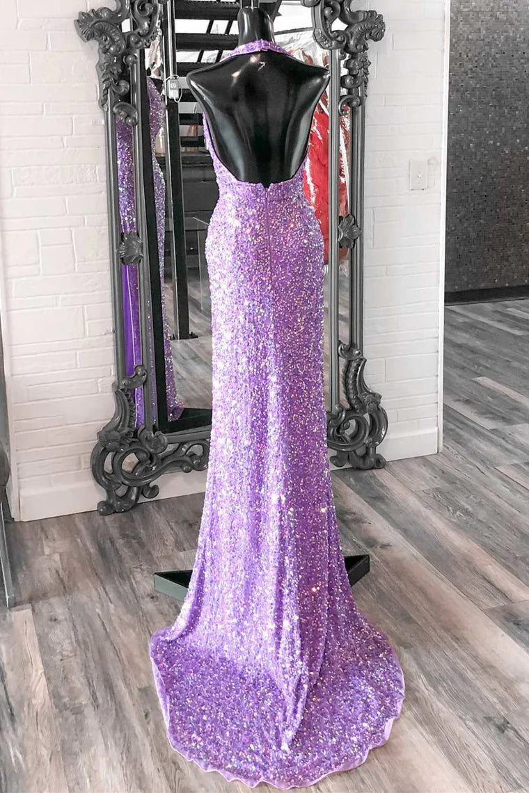 Fully Sequins Low V-Neck Halter Open Back Prom Dress