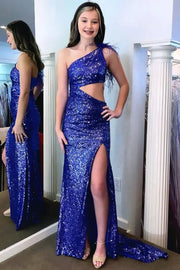 Fully Sequins One Shoulder Feathers Illusion Empire Prom Dress