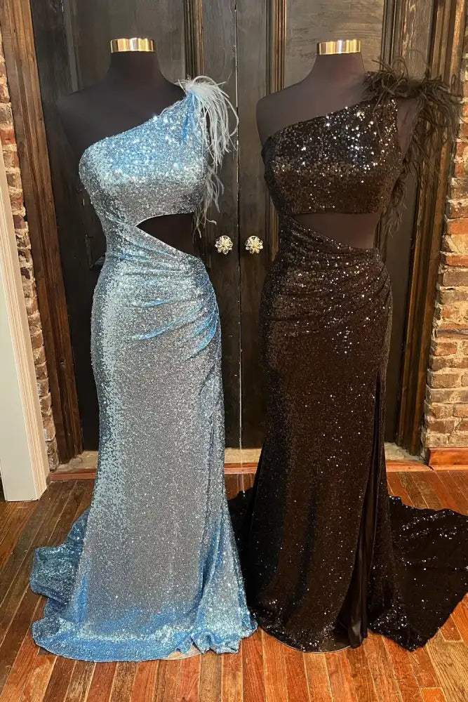 Fully Sequins One Shoulder Feathers Illusion Empire Prom Dress