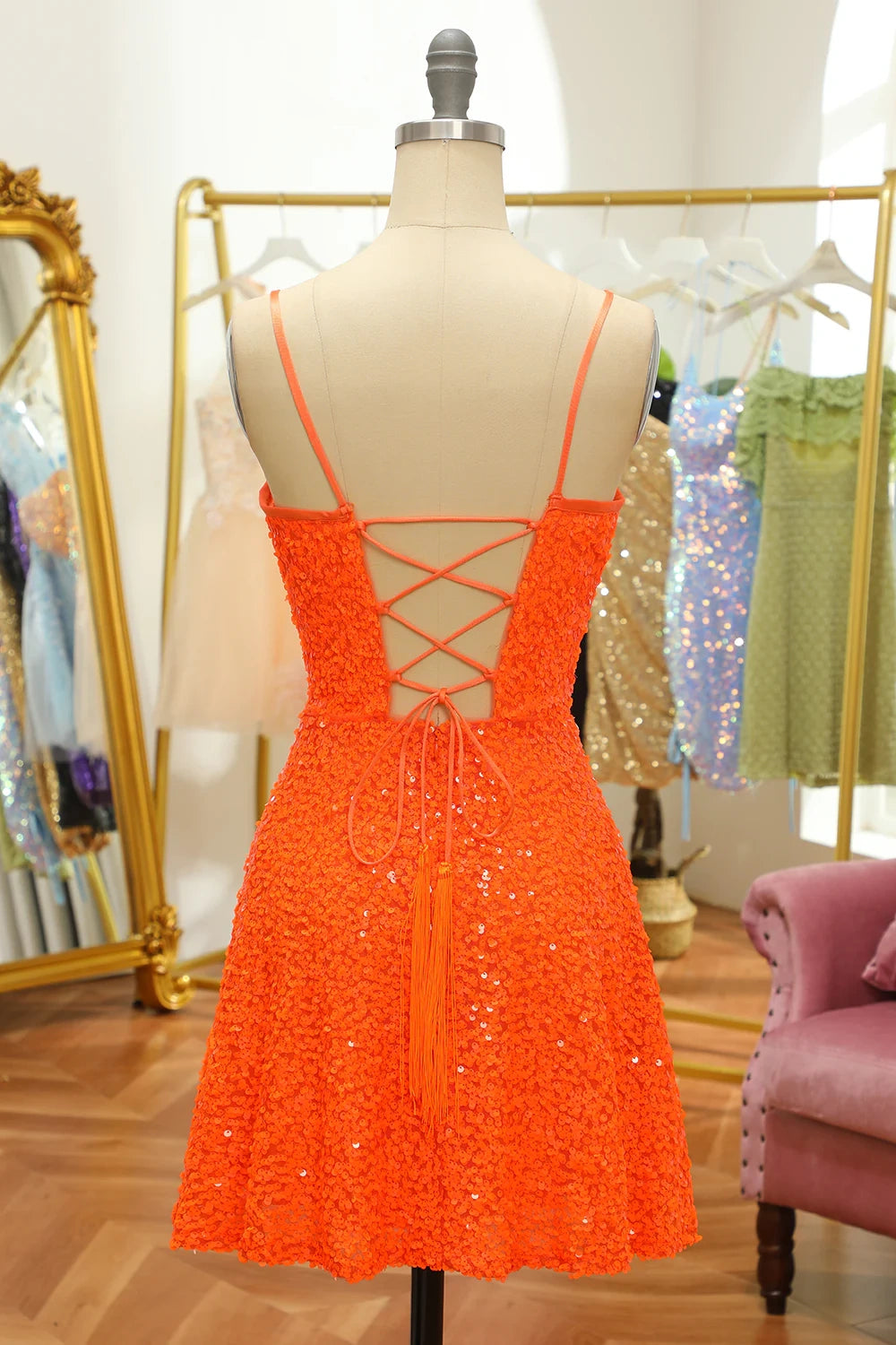 Fully Sequins V-Neck Spaghetti Straps A-Line Homecoming Dress