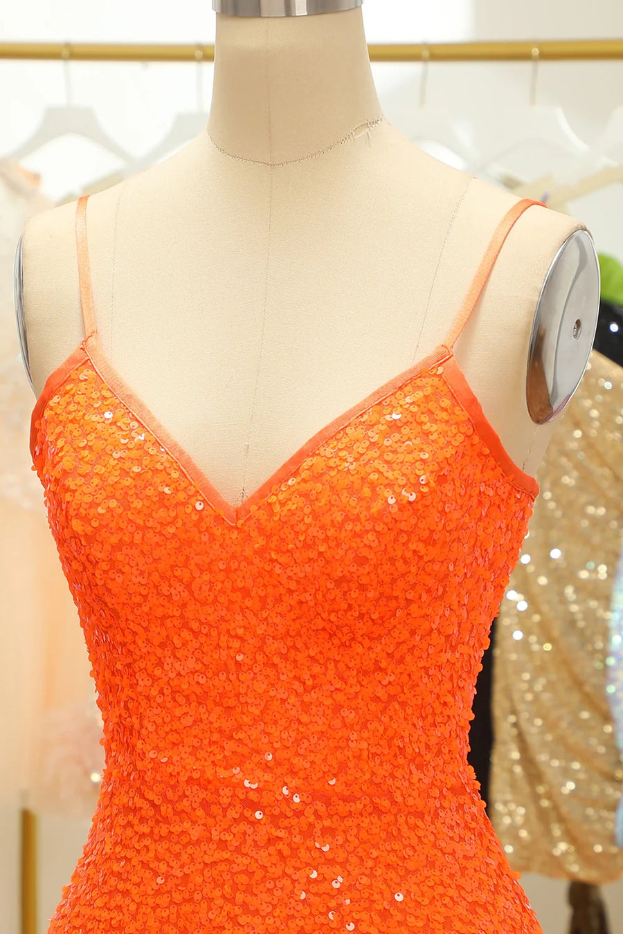 Fully Sequins V-Neck Spaghetti Straps A-Line Homecoming Dress