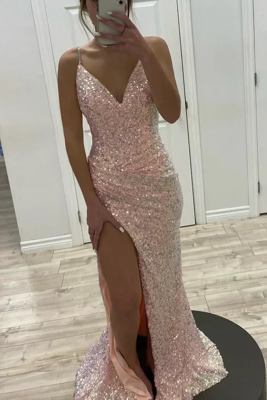 Fully Sequins V-Neck Spaghetti Straps Prom Dress With Side Slit