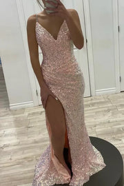 Fully Sequins V-Neck Spaghetti Straps Prom Dress With Side Slit