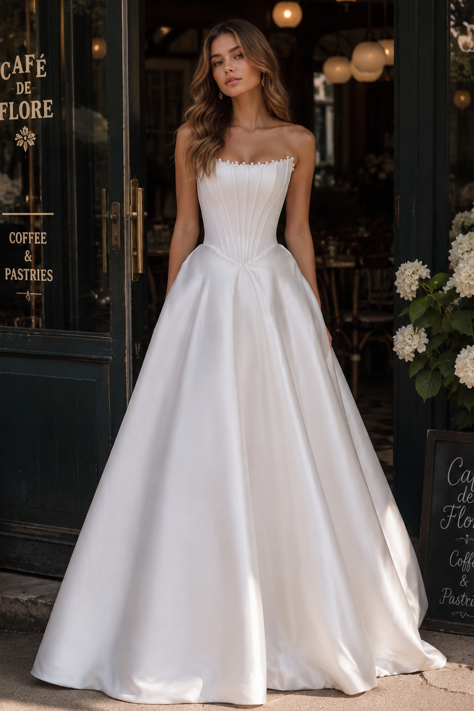 Generous Pearl Strapless Corset A-Line Satin Wedding Dress