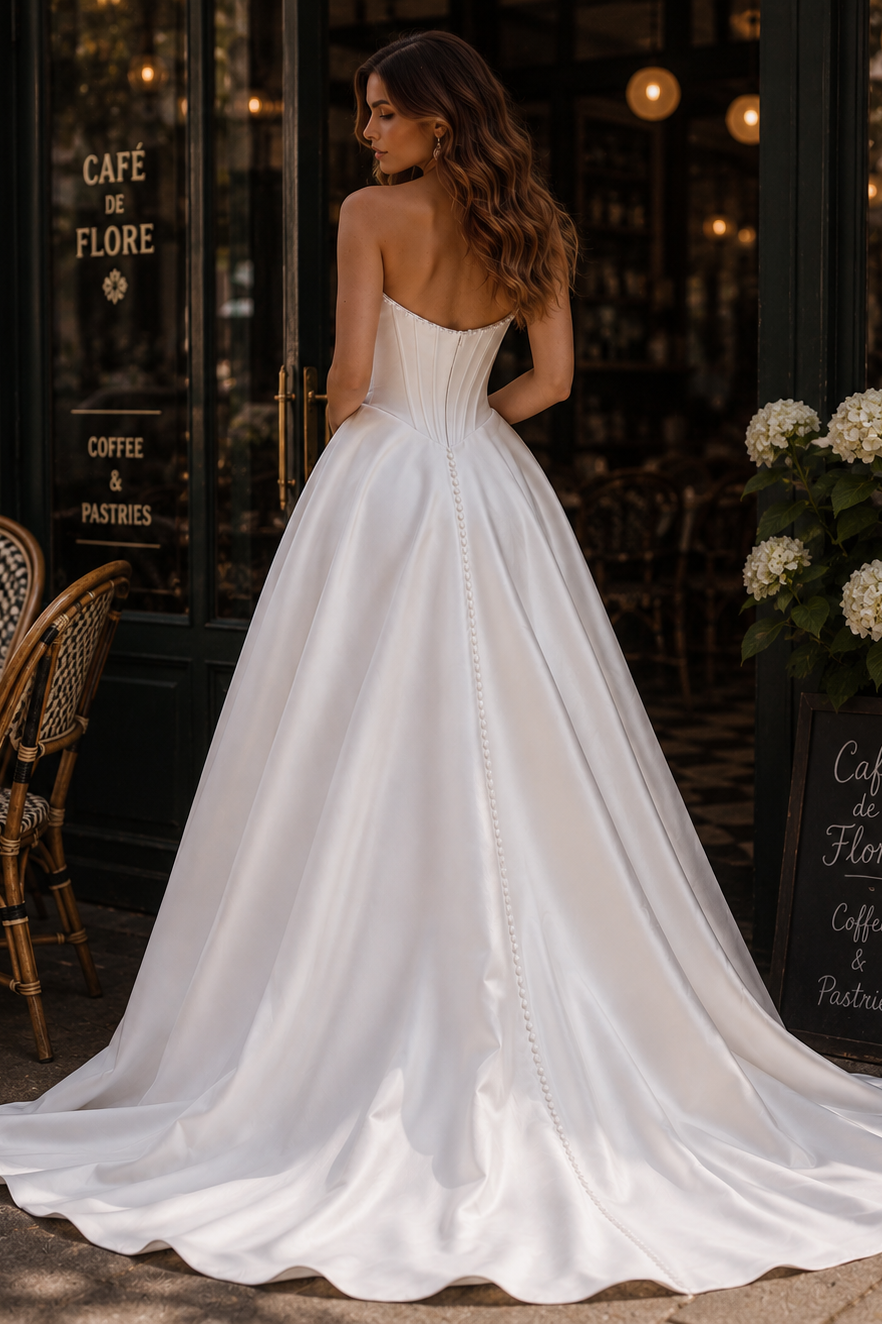 Generous Pearl Strapless Corset A-Line Satin Wedding Dress