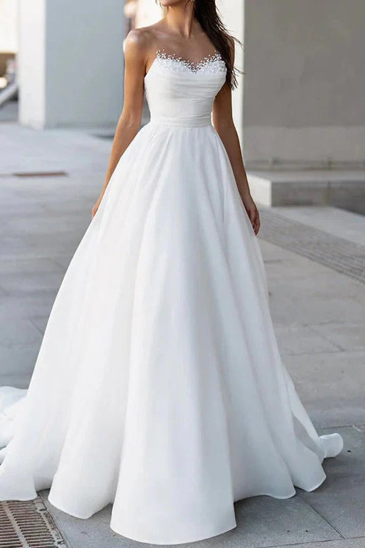 Glamorous Chiffon A-Line Pearl Top Sleeveless Wedding Dress 