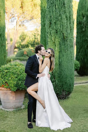 Glamorous Satin A-Line Strapless Wedding Dress With High Slit