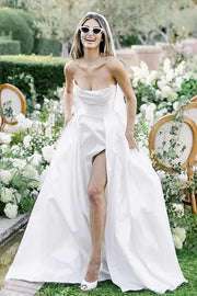Glamorous Satin A-Line Strapless Wedding Dress With High Slit