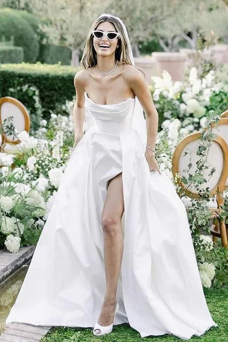 Glamorous Satin A-Line Strapless Wedding Dress With High Slit