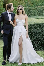 Glamorous Satin A-Line Strapless Wedding Dress With High Slit