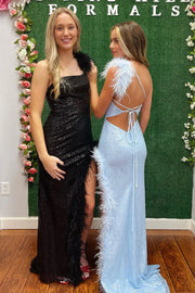 Glitter Fitted One Shoulder Sequins With Side Slit Prom Dress