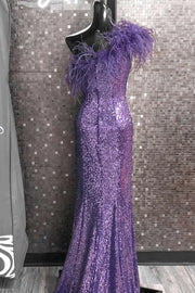 Glitter Fitted One Shoulder Sequins With Side Slit Prom Dress