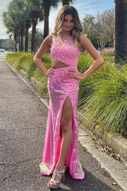 Glitter Fitted One Shoulder Sleeveless Fully Sequins Prom Dress