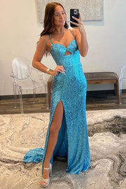 Glitter Fitted Sweetheart Spaghetti Straps With Train Prom Dress