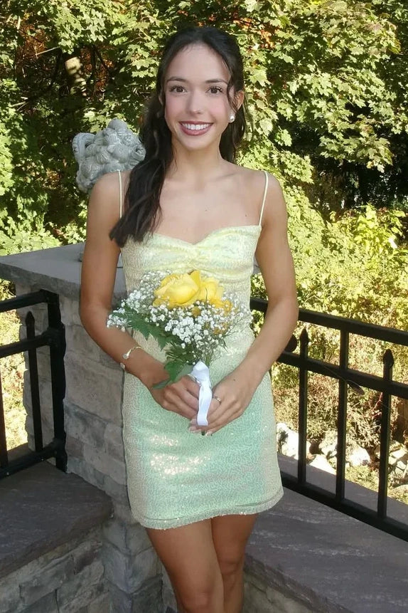 Yellow - Spaghetti Straps Bodycon Sequined Homecoming Dresses With Keyhole, Yellow / 8 Yellow - Spaghetti Straps Bodycon Sequined Homecoming Dresses With Keyhole, Yellow / 8