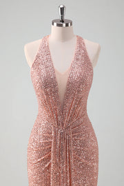 Glitter Fitted V-Neck Sleeveless Sequins Bridesmaid Dress