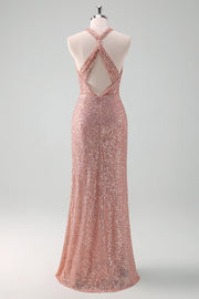 Glitter Fitted V-Neck Sleeveless Sequins Bridesmaid Dress