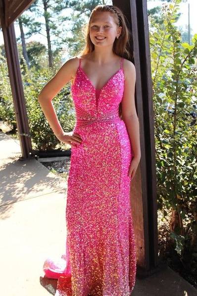 Glitter Fully Sequins V-Neck Open Back Beaded Prom Dress