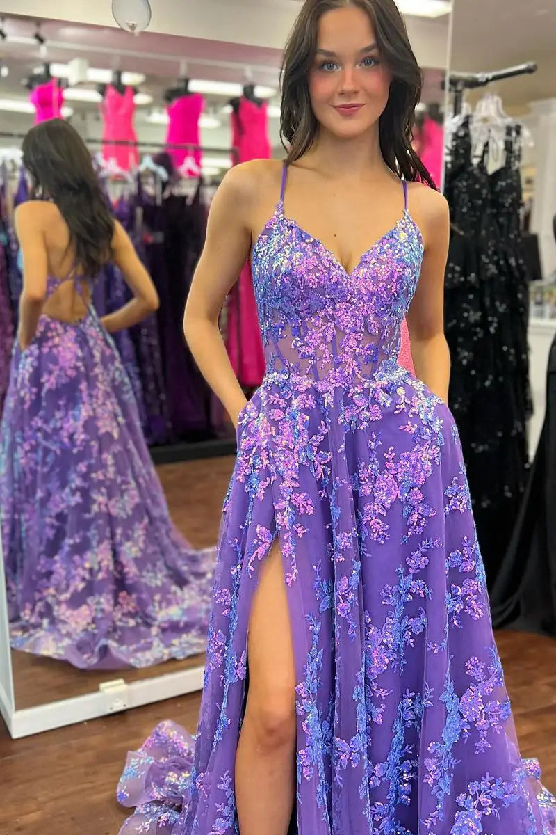 Glitter Lace A-Line V-Neck Sleeveless Formal Prom Dress