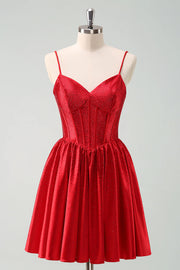 Glitter Satin A-Line V-Neck Spaghetti Straps Beaded Homecoming Dress