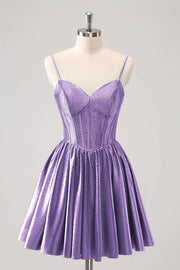 Glitter Satin A-Line V-Neck Spaghetti Straps Beaded Homecoming Dress