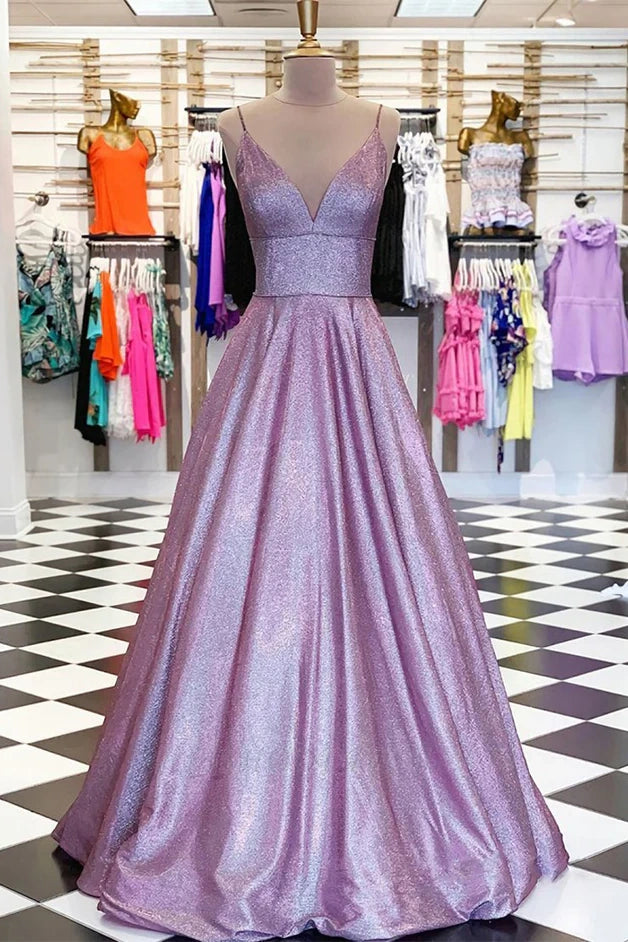 Glitter Satin A-Line V-Neck Spaghetti Straps Party Prom Dress