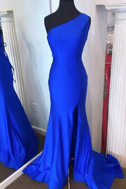 Glitter Satin Trumpet One Shoulder Sleeveless Beaded Prom Dress