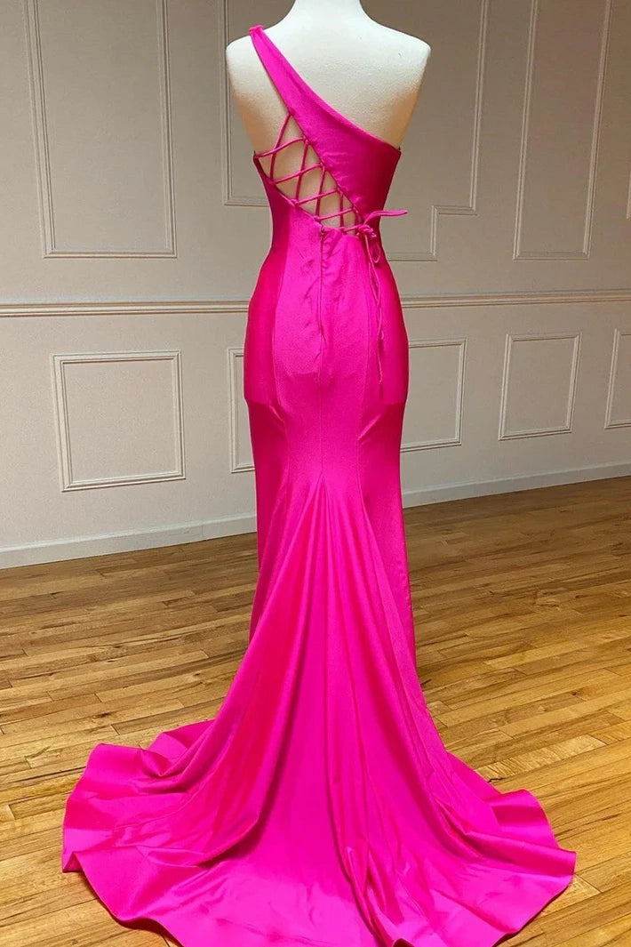 Glitter Satin Trumpet One Shoulder Sleeveless Beaded Prom Dress