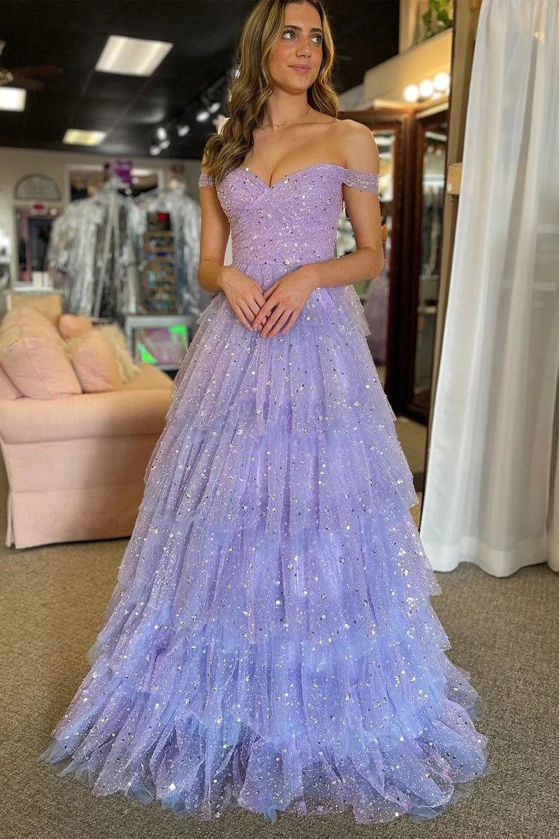 Glitter Sequins Tulle A-Line Sleeveless Tiered Prom Dress