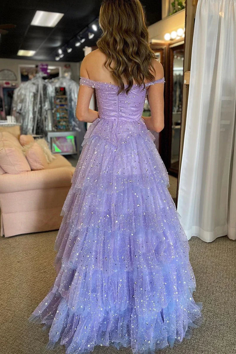 Glitter Sequins Tulle A-Line Sleeveless Tiered Prom Dress