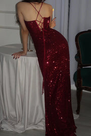 Glitter Spaghetti Straps Fully Sequins Party Prom Dress With Slit