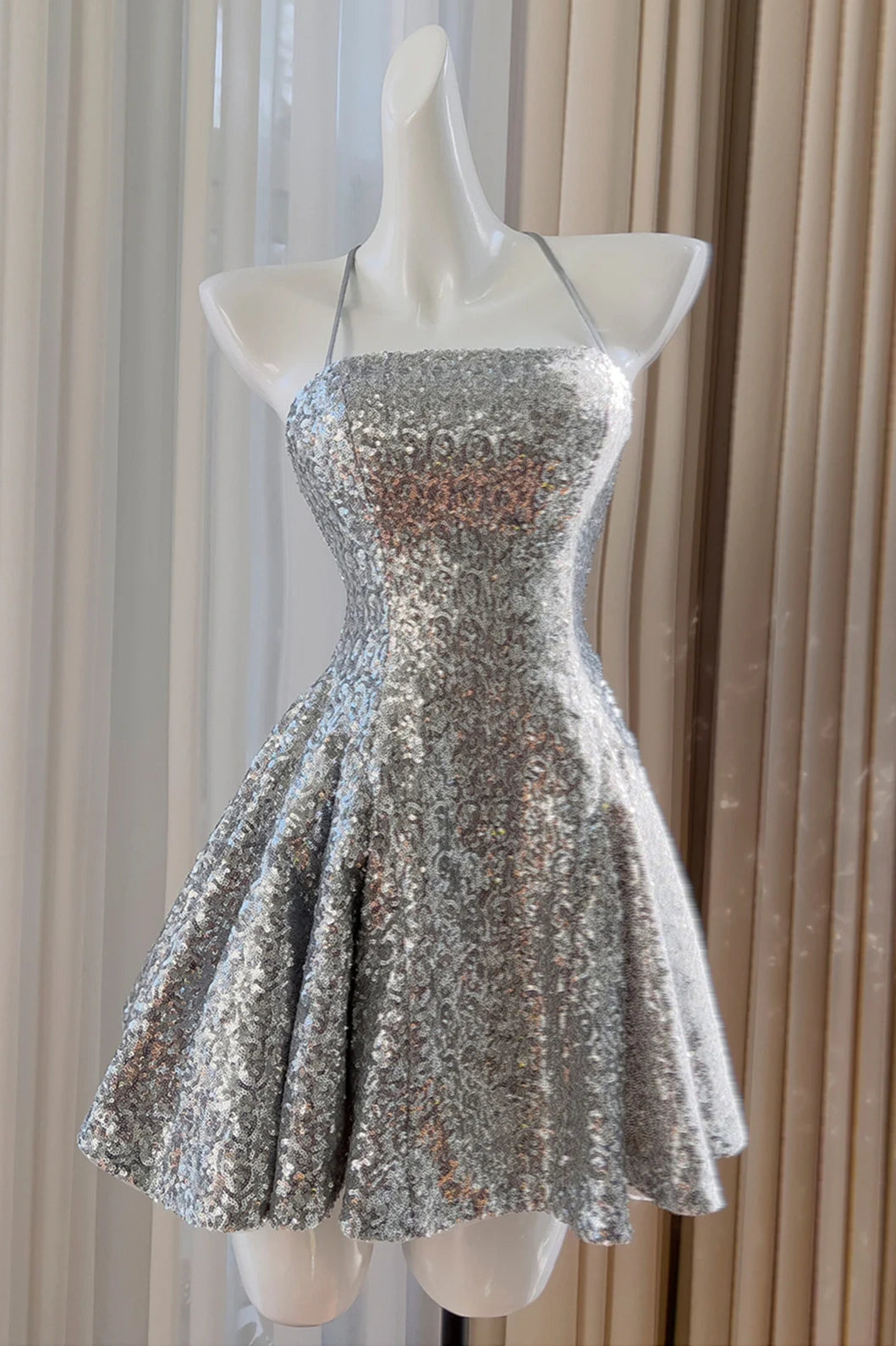 Glitter Spaghetti Straps Lace-Up Silver A-Line Party Homecoming Dress