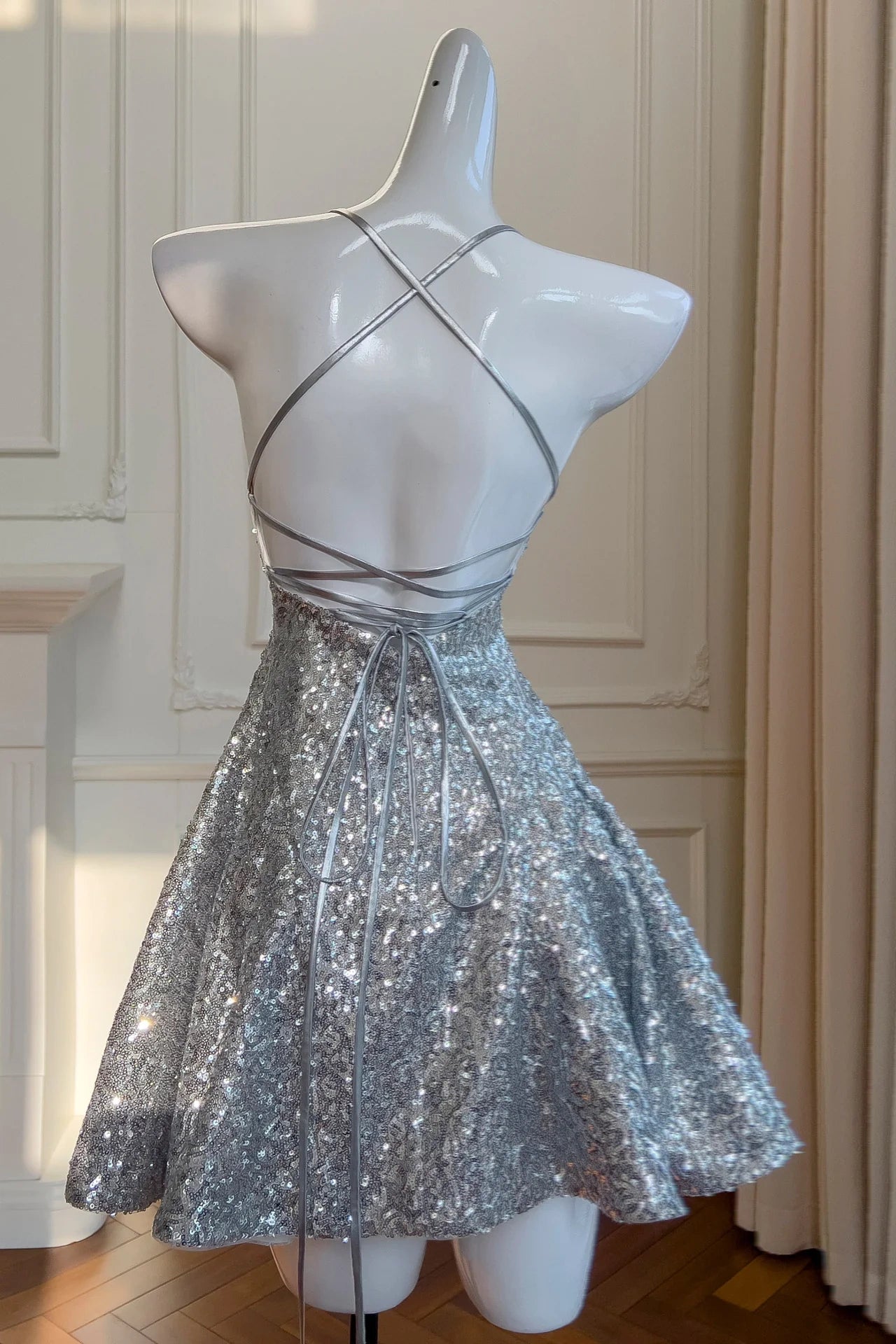 Glitter Spaghetti Straps Lace-Up Silver A-Line Party Homecoming Dress