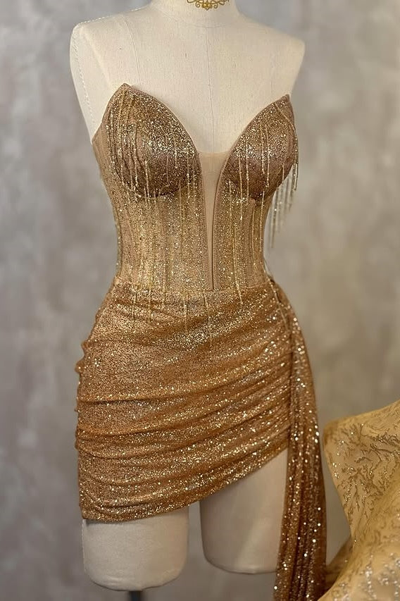 Glitter Strapless Empire Beaded Tassel Sequin Mini Homecoming Dress