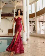 Glitter Trumpet Fully Sequins V-Neck With Side Slit Prom Dress