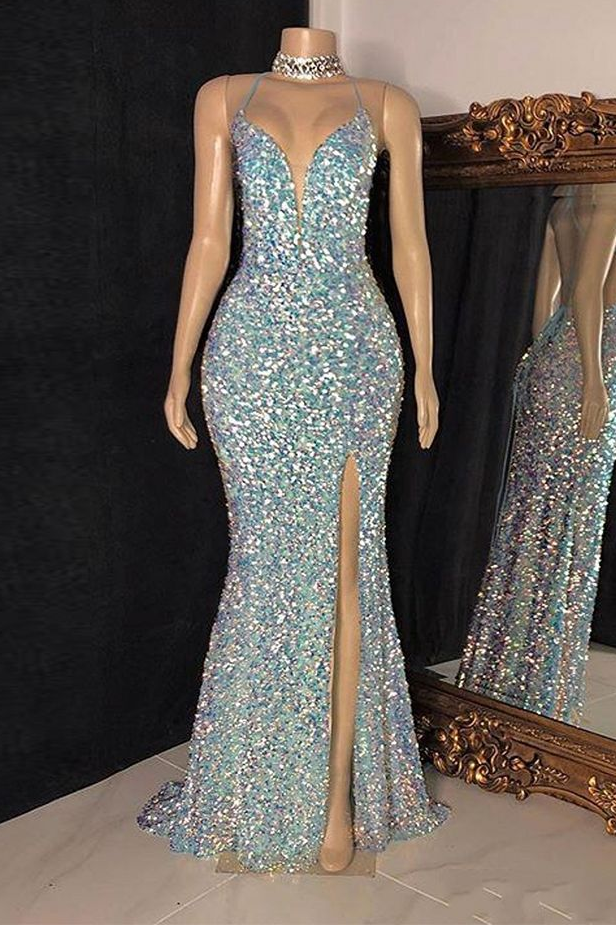 Glitter Trumpet Long Prom Dress With V-Neck Sleeveless And Slit