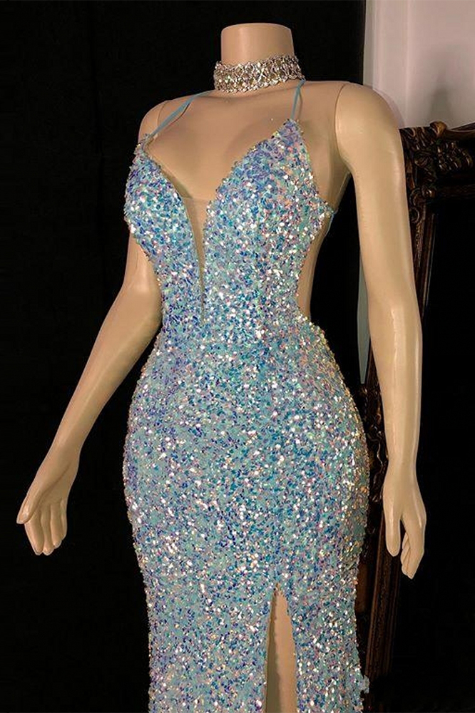 Glitter Trumpet Long Prom Dress With V-Neck Sleeveless And Slit