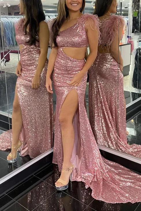 Glitter Trumpet One Shoulder Sleeveless Empire Prom Dress With Train