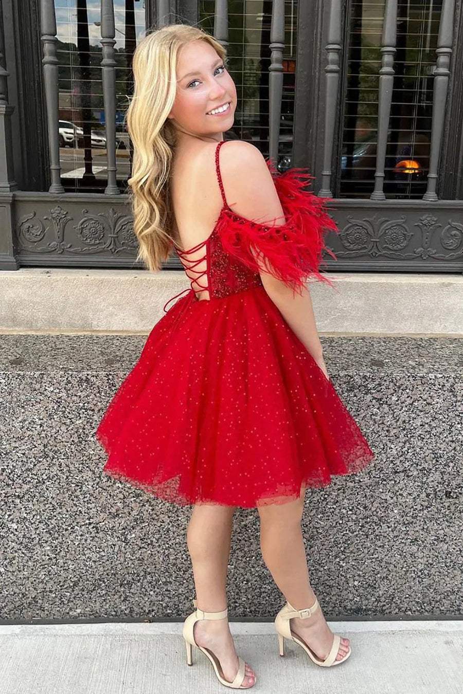 Glitter Tulle A-Line Off-Shoulder Beaded Appliques Homecoming Dress | Joyofdress Glitter Tulle A-Line Off-Shoulder Beaded Appliques Homecoming Dress | Joyofdress