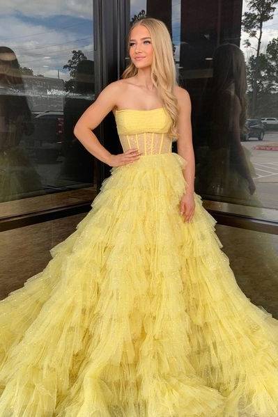 Glitter Tulle A-Line Strapless Sheer Tiered Long Prom Dress Glitter Tulle A-Line Strapless Sheer Tiered Long Prom Dress