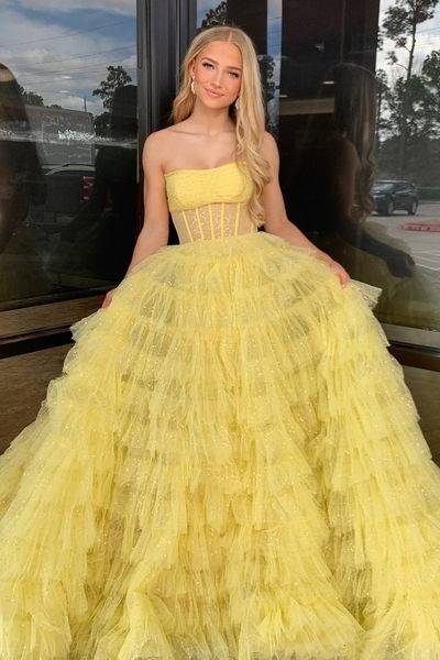 Glitter Tulle A-Line Strapless Sheer Tiered Long Prom Dress