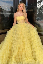 Glitter Tulle A-Line Strapless Sheer Tiered Long Prom Dress