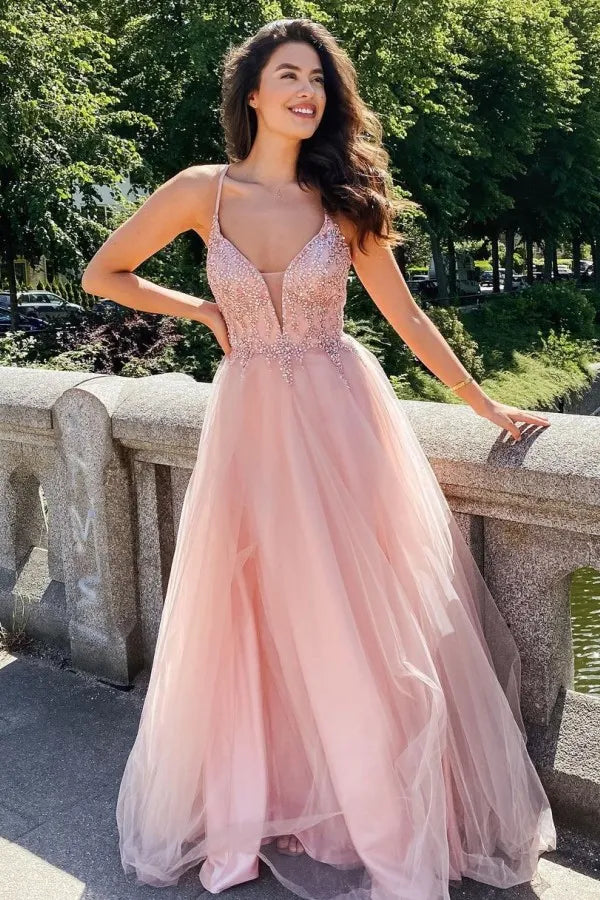 Glitter Tulle A-Line V-Neck Appliques Party Prom Dress