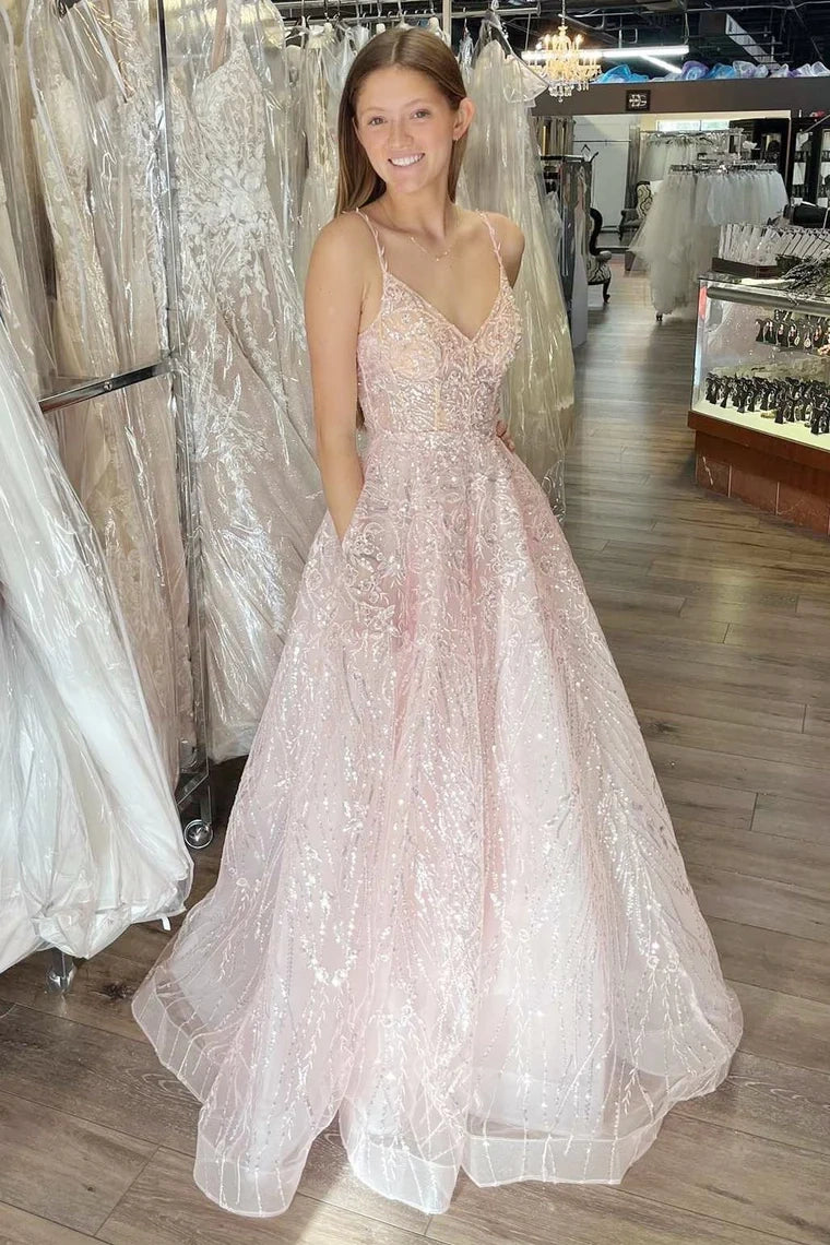 Glitter Tulle A-Line V-Neck Sleeveless Prom Dress