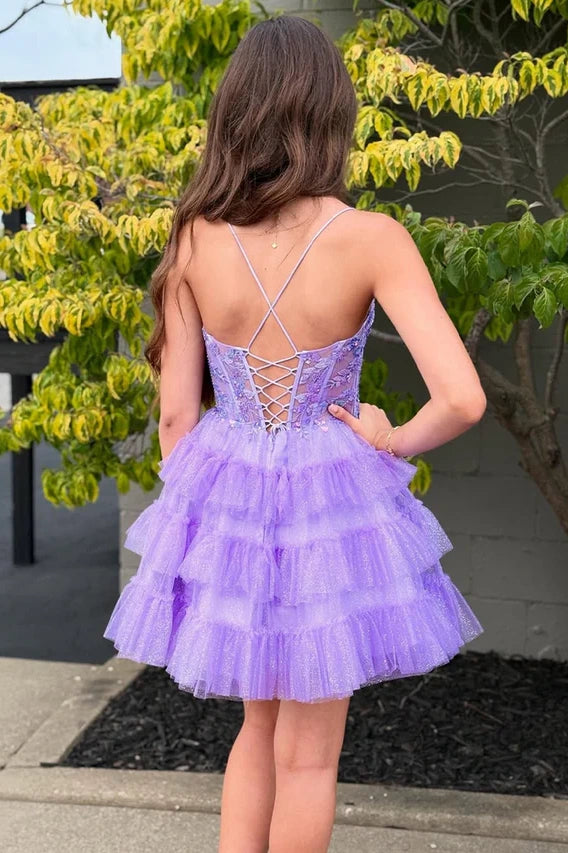 Glitter V-Neck Lace-Up A-Line Appliques Homecoming Dress Purple / US 10 Glitter V-Neck Lace-Up A-Line Appliques Homecoming Dress Purple / US 10