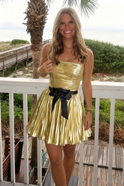 Gold Satin A-Line High Waist Pleated Homecoming Dress