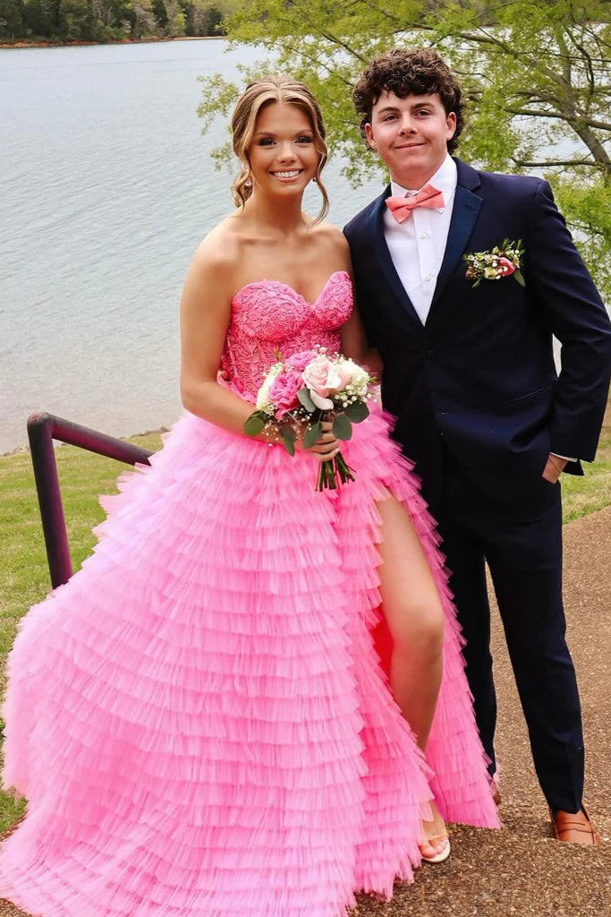 Sexy Tulle A-Line Sweetheart Strapless Tiered Appliques Prom Dress