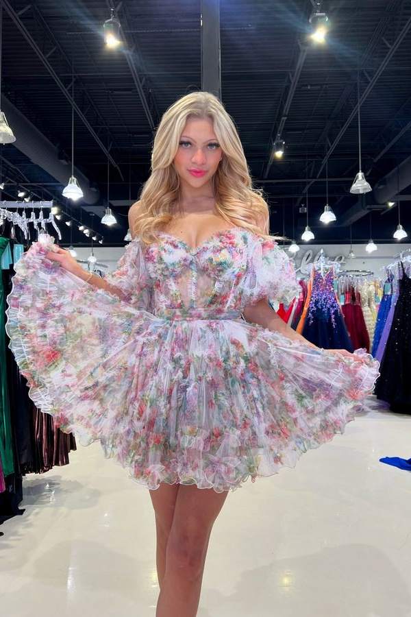 Gorgeous A Line Off the Shoulder Tulle Short Homecoming Dress with Short Sleeves Ivory / US 16 Gorgeous A Line Off the Shoulder Tulle Short Homecoming Dress with Short Sleeves Ivory / US 16